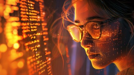 Women in glasses reading html scripts, programming and cyber security research, plus data analytics and holograms of data. A coding or IT person in glasses is reading html scripts, programming
