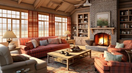 Interior of living room with sofas, table, fireplace, bookshelf, and ceiling fan.