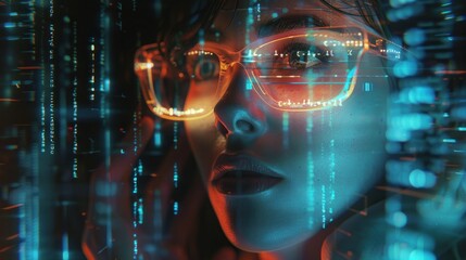 Women in glasses reading html scripts, programming and cyber security research, plus data analytics and holograms of data. A coding or IT person in glasses is reading html scripts, programming