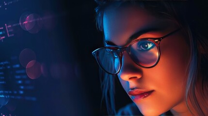 Women in glasses reading html scripts, programming and cyber security research, plus data analytics and holograms of data. A coding or IT person in glasses is reading html scripts, programming