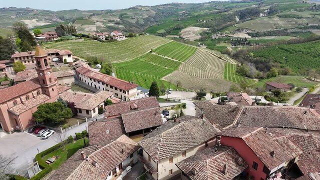 Amazing aerial view of the village of Serralunga d'Alba, one of the Most Beautiful Villages of Italy. Cuneo, Italy