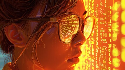Women in glasses reading html scripts, programming and cyber security research, plus data analytics and holograms of data. A coding or IT person in glasses is reading html scripts, programming