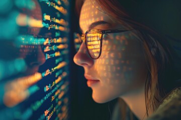 Women in glasses reading html scripts, programming and cyber security research, plus data analytics and holograms of data. A coding or IT person in glasses is reading html scripts, programming