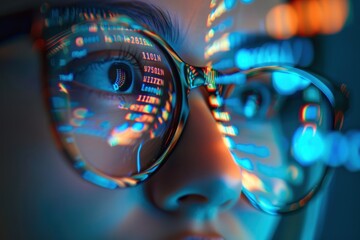 Women in glasses reading html scripts, programming and cyber security research, plus data analytics and holograms of data. A coding or IT person in glasses is reading html scripts, programming
