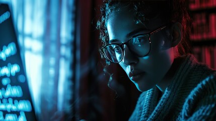 Women in glasses reading html scripts, programming and cyber security research, plus data analytics and holograms of data. A coding or IT person in glasses is reading html scripts, programming