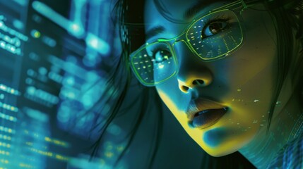 Women in glasses reading html scripts, programming and cyber security research, plus data analytics and holograms of data. A coding or IT person in glasses is reading html scripts, programming