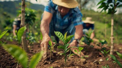 Fototapeta premium Farmers planting new coffee trees, highlighting a focus on sustainable coffee farming practices.