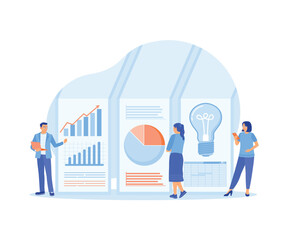 The business team monitors data, graphs, and charts. Developing ideas for financial investments. Data Analysis concept. Flat vector illustration.