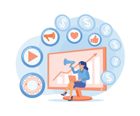 Woman talking using megaphone. Placing advertisements to increase business targets. Digital Marketing concept. Flat vector illustration.