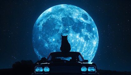 Silhouette of a cat and car against a blue full moon