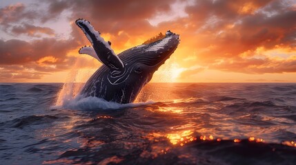 Fototapeta premium Majestic Humpback Whale Breaching the Dramatic Sunset Ocean