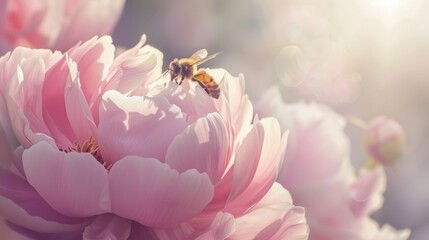 Bee among Pink Flowers in a Luminous Field