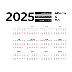 Albania Calendar 2025. Week starts from Monday. Vector graphic design. Albanian language.