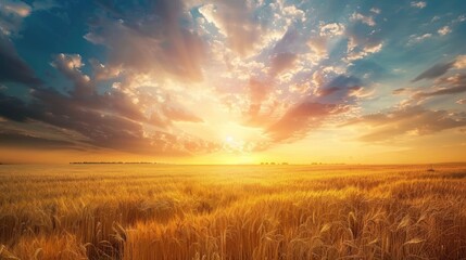 Obraz premium Beautiful cloudy sunset or sunrise over summer wheat field in the countryside during harvest season