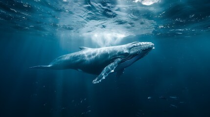 Majestic Blue Whale Swimming Gracefully Through the Vast and Mysterious Depths of the Deep Ocean Commanding Awe and Inspiring a Sense of Wonder for