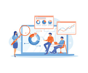 Managers and finance teams analyze data. Monitor business financial reports. Data Analysis concept. Flat vector illustration.