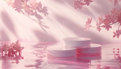 3d podium on pink water Cosmetic product display stand.	
