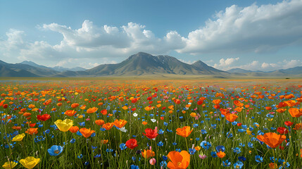 A vibrant nature steppe landscape with colorful wildflowers in full bloom