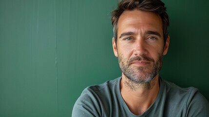 Obraz premium portrait of a tech startup founder, casual yet focused, with a vibrant green background symbolizing growth 