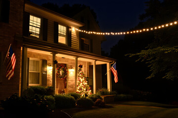 Patriotic 4th of July decor on house exterior at night, perfect for celebrating Independence Day and showing national pride.