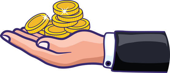 Businessman hand receive and holds gold coin, concept of financial reward. Vector cartoon business and finance