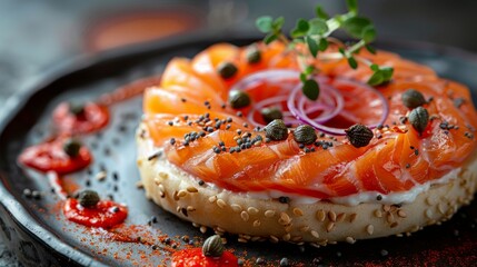 Gravlax is a Nordic dish consisting of raw salmon cured in salt, sugar, and dill. It is typically served with a mustard sauce and blinis.