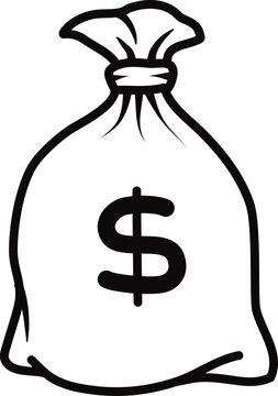 recommend clip art: Money bag with dollar currency icon, black outline vector line art.