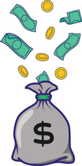 Bag with money. Gold coins and banknotes. Business and finance concept, Cartoon vector illustration.