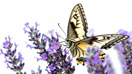 A majestic monarch butterfly delicately perches on a vibrant purple flower, gracefully showcasing its role as a vital pollinator in the great outdoors white background