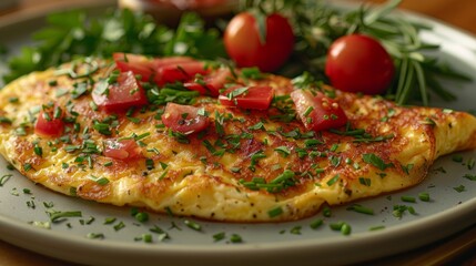 Image shows a plate with an omelette, cherry tomatoes and chives.