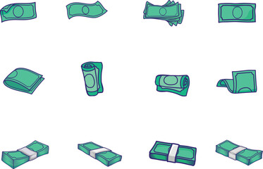 Set of Green dollar banknotes, Cartoon money currency, Bank debt bill investment, earnings treasure or jackpot money capital. Vector Business and financial concept.