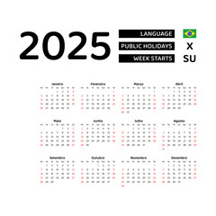 Brazil Calendar 2025. Week starts from Sunday. Vector graphic design. Portuguese language.