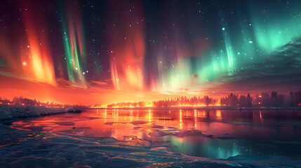 A vibrant nature tundra landscape with the northern lights dancing in the sky above