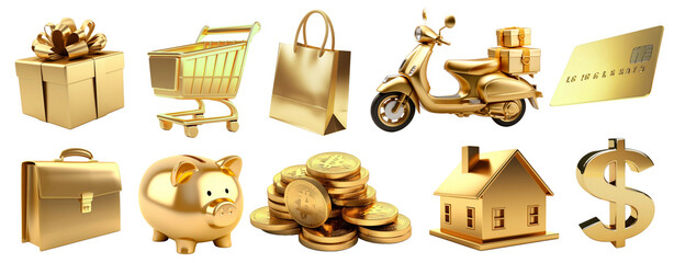 3D gold finance business icon png on transparent background