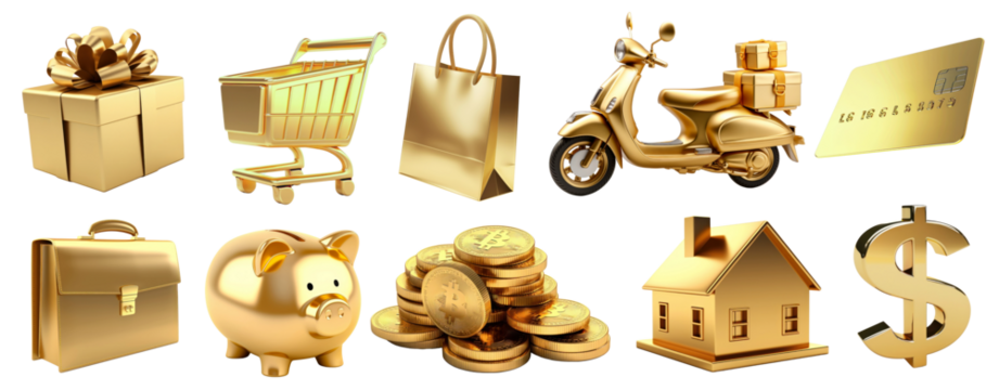 3D gold finance business icon png on transparent background