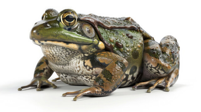 A closeup of a green frog isolated on a white background