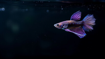 Purple guppy fish swimming alone in an aquarium on a dark black background, Ai generated Images