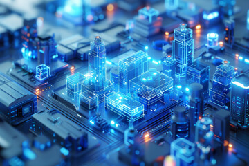 A blue gradient background with glass buildings and financial charts in the shape of bar graphs.
