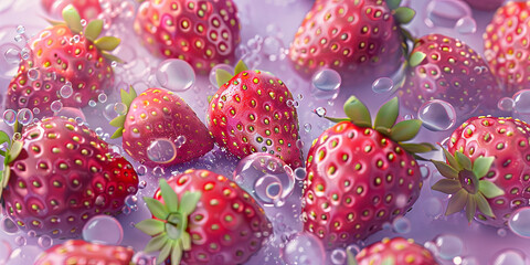 many pink strawberries with water drops, purple background, generative AI