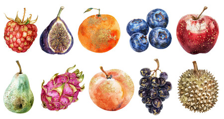 Glitter watercolor fruits png on transparent background
