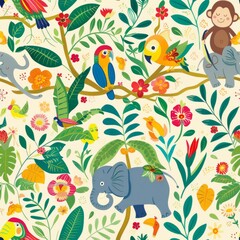 seamless jungle pattern with monkeys, parrots, and elephants