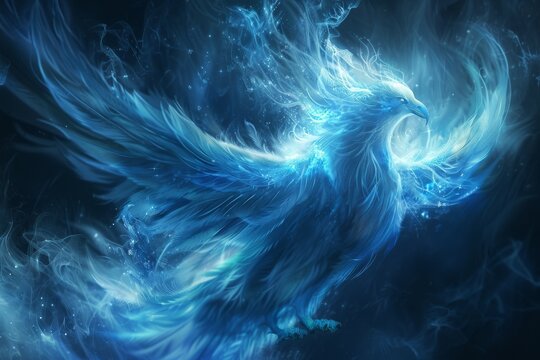 A mystical blue phoenix soaring gracefully with ethereal feathers, glowing in a dark, star-filled sky.