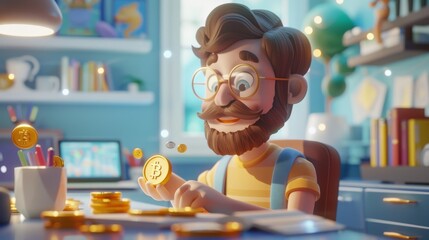 Obraz premium A cartoon character with glasses and a beard counting Bitcoin coins at an office desk, surrounded by tech gadgets.
