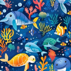 seamless underwater pattern coral with fish, turtles, and dolphins