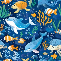 seamless underwater pattern coral with fish, turtles, and dolphins