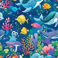 Naklejka premium seamless underwater pattern coral with fish, turtles, and dolphins