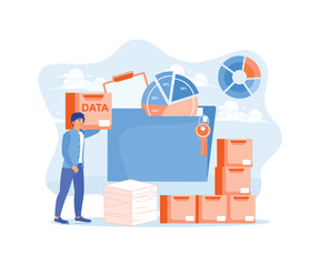 A man protects business data. Organize and store data on the server. Data Management concept. Flat vector illustration.