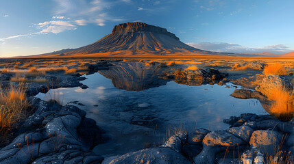 A vibrant nature volcano landscape with a clear blue sky, the stark contrast between the volcanic...