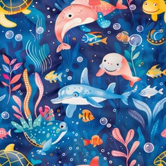 seamless underwater pattern coral with fish, turtles, and dolphins