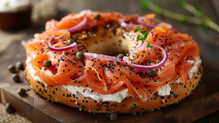 "Lox and schmear on a toasted bagel with red onion and capers. The perfect way to start your day!"